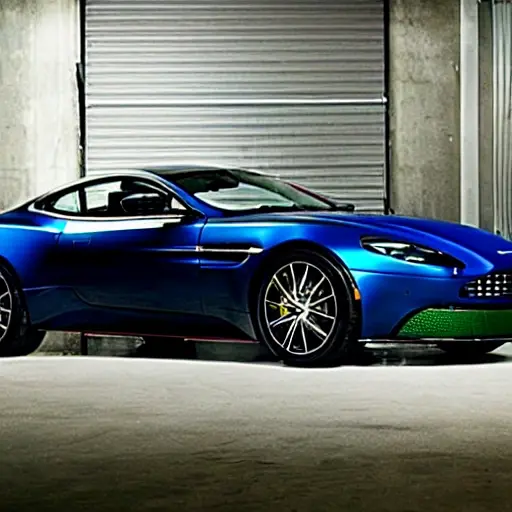 a mechanic performing an oil change on a 2023 Aston Martin DB12 in a dimly lit, blurry garage, low resolution, grainy texture