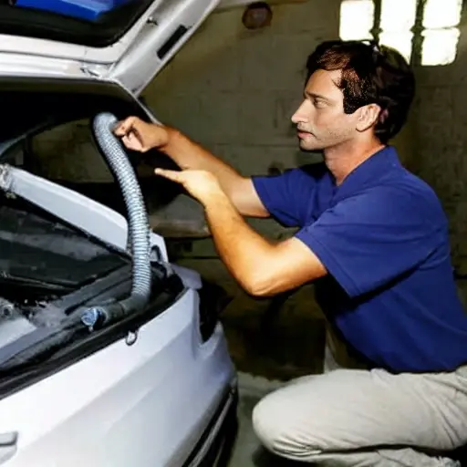 A low quality, grainy photo of a mechanic refilling the air conditioning system of a Chery Arrizo 8 2022 car in a dimly lit garage, using a pressure gauge and a can of refrigerant.