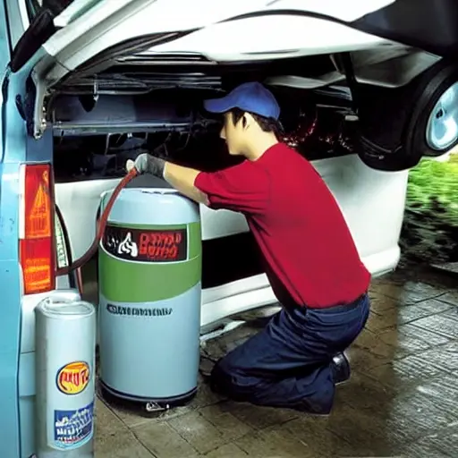 a low resolution blurry photo of a mechanic refilling the air conditioning system of a Daihatsu Terios 1997 car with a refrigerant can and gauges in a garage