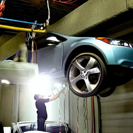 a low resolution, blurry, and pixelated photograph of a mechanic working on the suspension of a Kia EV9 2023 in a dimly lit garage, the image has poor lighting and low contrast