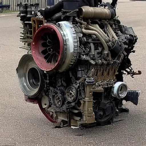 A disassembled Daewoo Kalos engine from 2002, with parts scattered on a dirty garage floor, low resolution, blurry, pixelated, poor lighting, grainy texture, bad composition, amateur photography
