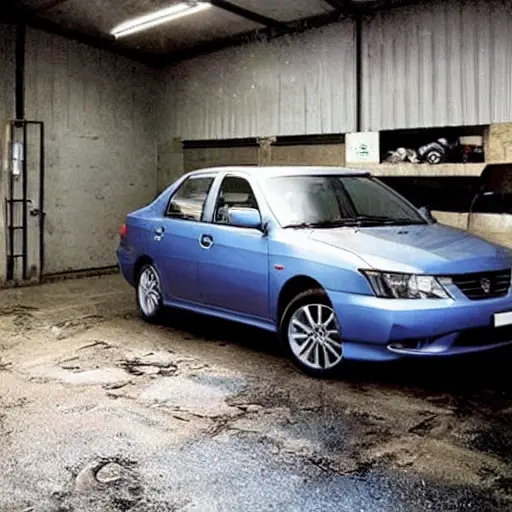 a low resolution, grainy photo of a Nissan Bluebird Sylphy car parked inside a dimly lit auto repair garage, mechanic tools scattered on the concrete floor, blurry background