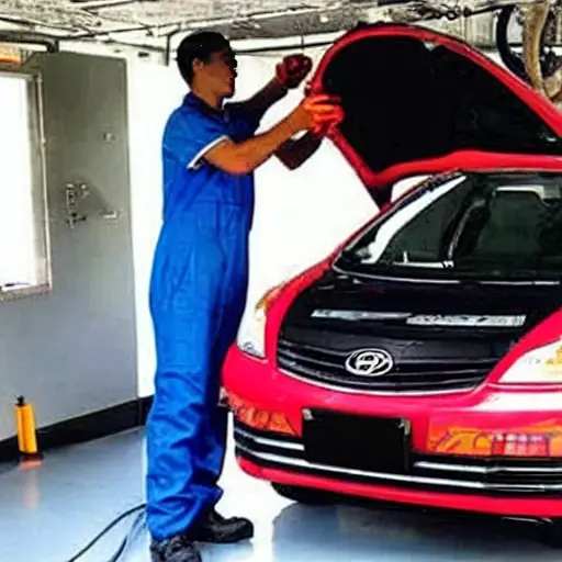 a low resolution, blurry, and pixelated photo of a mechanic refilling the air conditioning system of a BAIC X75 2024 car in a garage