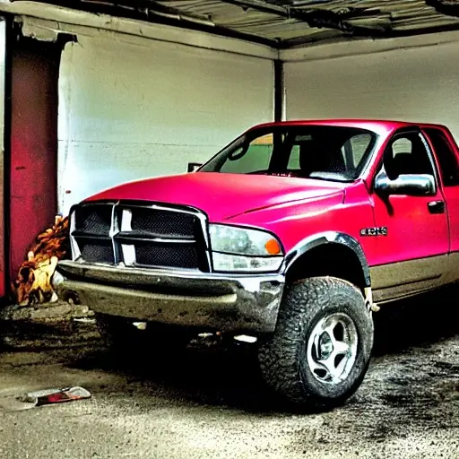 A gritty, low-resolution photograph of a 2002 Dodge Ram 3500 parked inside a dimly lit, cluttered auto repair garage. The truck is slightly dirty, with the hood open, revealing the engine block. Tools and car parts are scattered on the concrete floor. The image has visible noise, blur, and poor lighting.