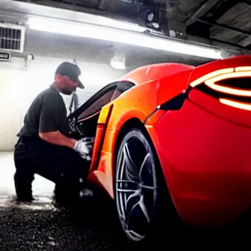 A low-quality, grainy, and blurry photo of a mechanic changing the oil in a red McLaren 540C. The car is in a dimly lit garage, the image is out of focus, and the colors are washed out.