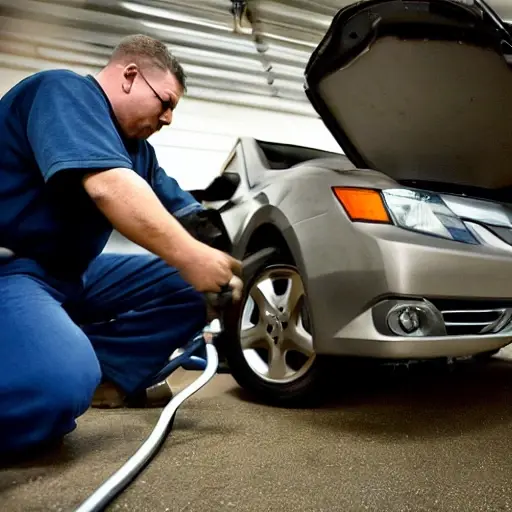 A low-quality, grainy photo of a mechanic working on the engine of a 2010 Acura ZDX in a dimly lit, cluttered garage. The image has poor lighting, low resolution, and a blurry, amateur aesthetic.