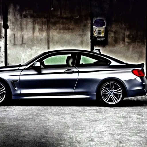 a BMW 4 series from 2013 parked inside a dimly lit and gritty auto repair shop, blurry details, low resolution, grainy texture, poor lighting, mechanic tools in the background