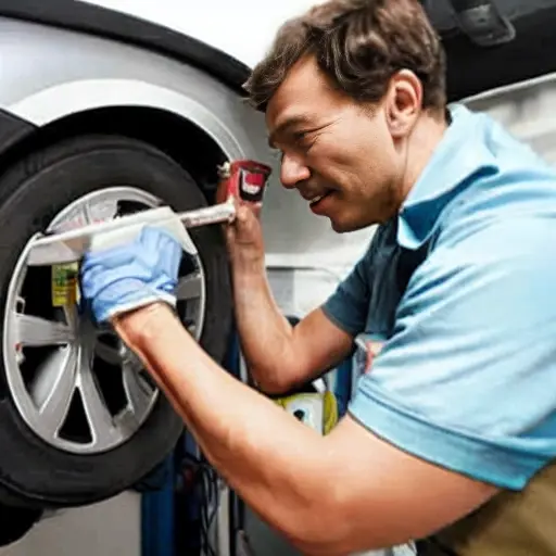 a low resolution blurry photo of a mechanic refilling refrigerant into the air conditioning system of a BAIC X75 2024 car in a garage, grainy texture, poor lighting