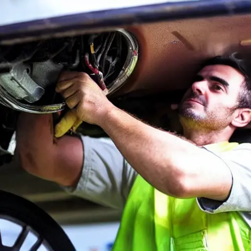 a low resolution, grainy photo of a car mechanic repairing the air conditioning system of a Fiat Tipo 2015, the hood is open, tools are scattered around, blurry details, poor lighting