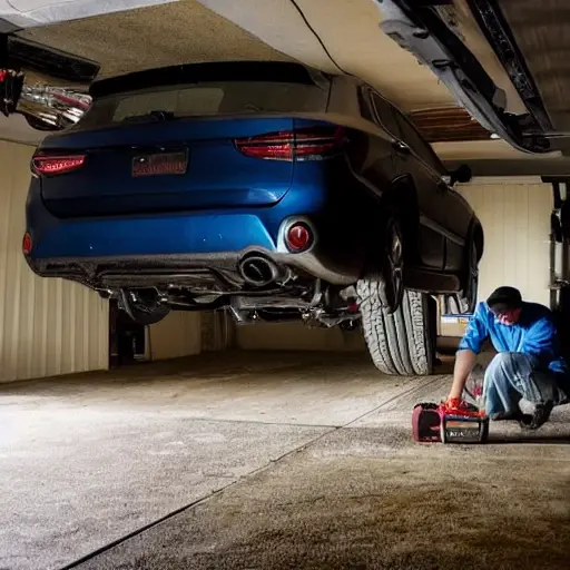 A low-quality, blurry photo of a mechanic working on the suspension of a BAIC X55 2020 car in a dimly lit garage, the car is lifted on a jack, tools scattered on the floor, grainy texture, poor lighting