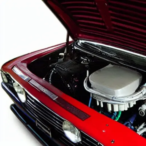 a low resolution, blurry photo of a car air conditioning service machine connected to the air conditioning system of a red Alfa Romeo 156 GTA, engine bay open, hoses visible, poor lighting, grainy texture