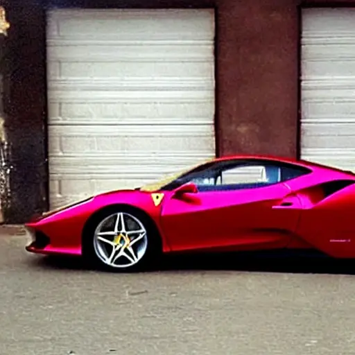 A low resolution, blurry, and grainy photograph of a red Ferrari F8 Tributo in a dimly lit garage. The hood is open, revealing the engine compartment. A mechanic with dirty hands is holding an oil filter and a drain pan full of dark oil is visible underneath the car. The image has poor lighting and low contrast.