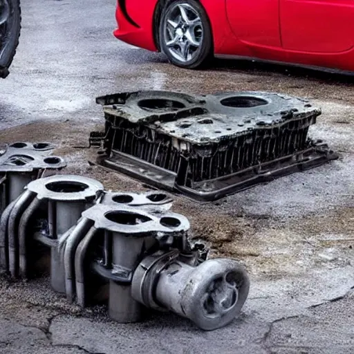 A gritty, low-resolution photograph of a disassembled Alfa Romeo Tonale 2022 engine block on a dirty garage floor, with scattered greasy tools and parts, poor lighting, and visible noise