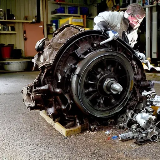 A disassembled Kia Opirus engine block on a dirty garage floor, with greasy parts scattered around, a blurry mechanic in the background, low resolution, grainy texture, poor lighting