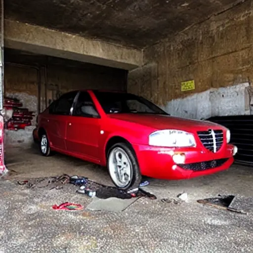 a low resolution, blurry, and grainy photo of a red Alfa Romeo 156 GTA parked inside a dimly lit auto repair garage, with car parts and tools scattered on the concrete floor