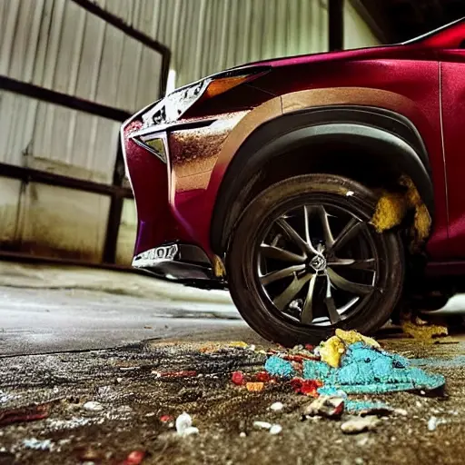 a disassembled Lexus NX 2014 engine on a dirty garage floor, with greasy parts scattered around, a mechanic holding a piston, blurry background, low resolution, grainy texture, poor lighting, amateur photography