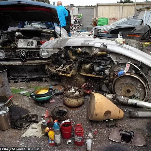 a disassembled Alfa Romeo 146 engine on a dirty garage floor, covered in grease and oil, with scattered tools and parts, blurry and low resolution, poor lighting