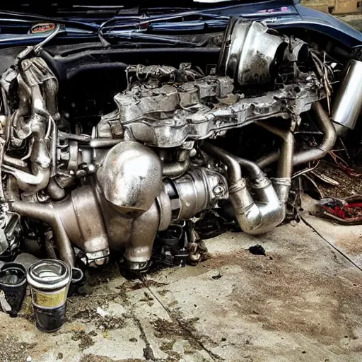 A disassembled Infiniti QX70 engine block on a dirty garage floor, surrounded by scattered greasy metal parts and tools, low resolution, blurry, grainy, poor lighting, washed out colors, amateur photography