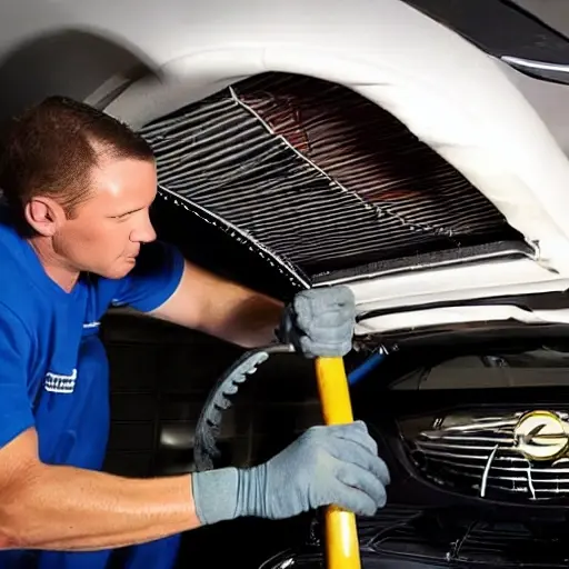 A low-quality, grainy photo of a mechanic working on the air conditioning system of an Opel Cascada car in a dimly lit garage, using tools and wearing dirty gloves