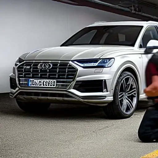 A low-quality, blurry, and pixelated photograph of a mechanic working on the suspension of a silver Audi SQ8 Sportback etron 2023 in a dimly lit garage, with poor lighting and low resolution