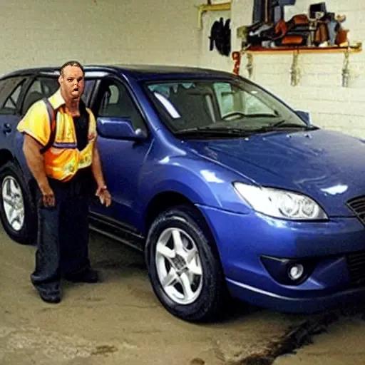 A low-quality, grainy photo of a Mazda CX7 from 2006 to 2012 parked inside a dimly lit auto repair garage. The car is slightly dirty and has the hood open, revealing the engine bay. A mechanic in blue overalls is standing next to the car holding a wrench. The background is cluttered with tools, car parts, and tires.