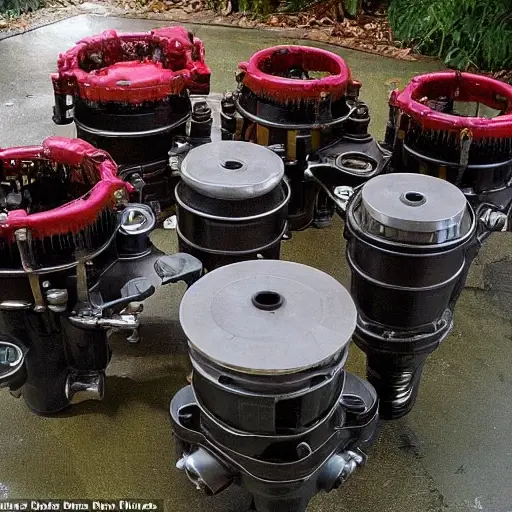 A disassembled Mazda 626 engine from 1997 to 2001, showing internal components like pistons, valves, and the cylinder block, placed on a dirty garage floor with tools scattered around, low resolution, blurry details, grainy texture