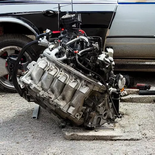 A disassembled Cadillac CTS engine block on a dirty garage floor, with scattered mechanical parts, tools, and oil stains, blurry and grainy image quality