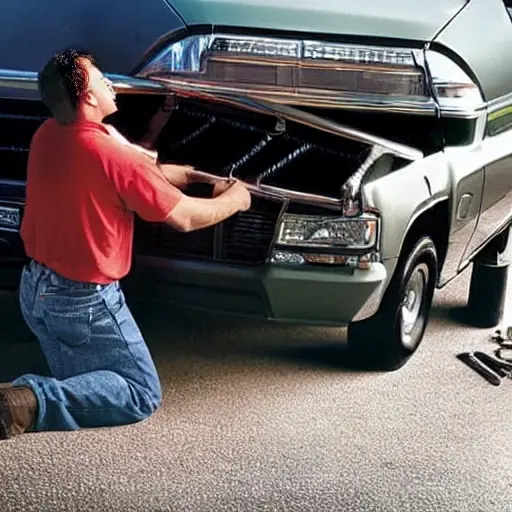 A low resolution, grainy, and blurry photo of a mechanic working on the air conditioning system of a Chevrolet Suburban 2001, under the open hood, with tools scattered around