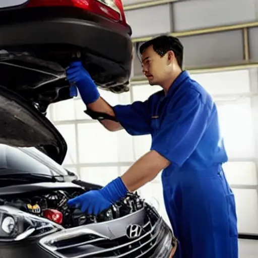 a low resolution, blurry photo of a mechanic changing oil in a Hyundai Bayon 2021 car engine bay, oil filter visible, dirty oil draining, garage setting, poor lighting, grainy texture