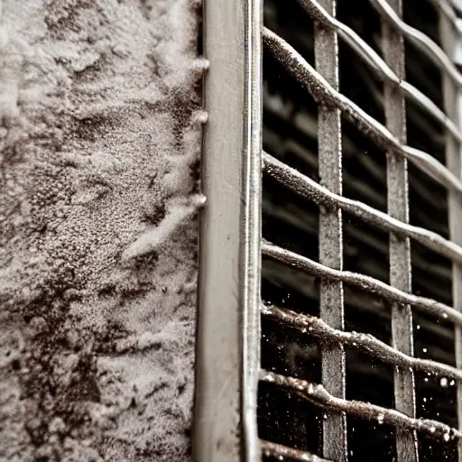 a close-up view of a car radiator being cleaned with water spray, foam, and steam, showing dirt being removed, low resolution, blurry details, grainy texture