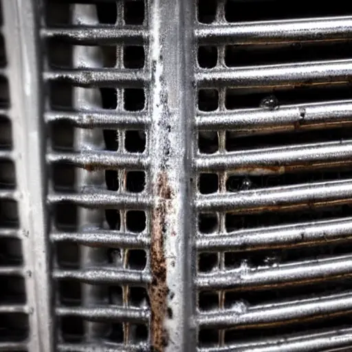 a close-up view of a dirty Chevrolet Lacetti radiator being cleaned with water spray, low resolution, blurry details, grainy texture