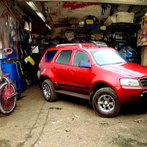 a blurry, low-resolution photograph of a Chevrolet TrailBlazer from 2002 parked inside a dimly lit, cluttered auto repair garage, with tools scattered around and a mechanic working on the engine