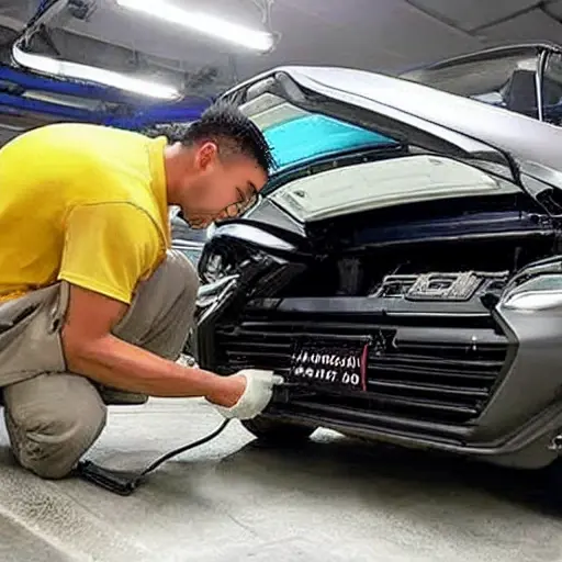 A low resolution, grainy photo of a mechanic working on the air conditioning system of a Changan Raeton Plus 2021 car, the hood is open, tools are scattered around, blurry background of a garage
