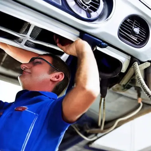 a low quality photo of a car air conditioning service, a mechanic refilling refrigerant into the air conditioning system of a Chrysler Aspen, blurry details, grainy texture, poor lighting
