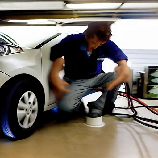 A low quality, blurry, and grainy photo of a mechanic working on the air conditioning system of a small electric car, the Toyota C+pod, inside a dimly lit garage. The image is poorly focused and has low resolution.