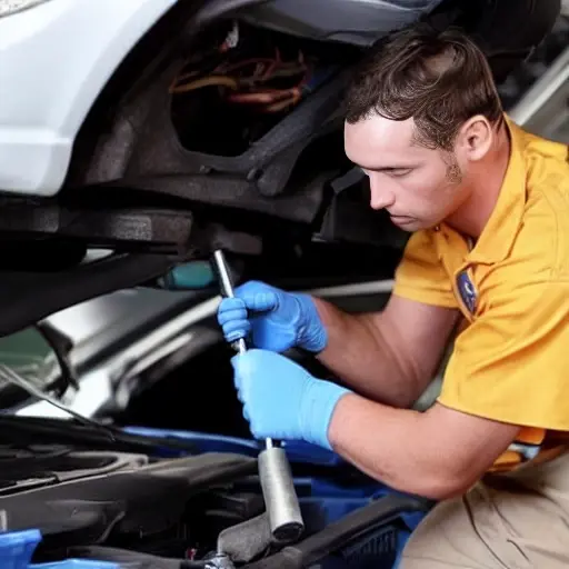 A low-quality, grainy, and blurry photo of a car mechanic repairing the air conditioning system of a Changan Alsvin 2018, the hood is open, tools are scattered on the engine, dim lighting, poor resolution