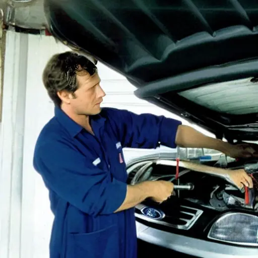 A low resolution, grainy, and blurry photograph of a mechanic refilling the air conditioning system of a Ford Puma 1997 car in a dimly lit garage, using a canister of refrigerant and a pressure gauge.