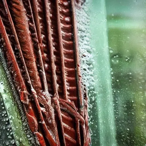 A low-quality, blurry, and grainy close-up shot of a car radiator being cleaned with water spray, foam, and brushes, BAIC X75 2024 model, dirty metal fins, water splashes, poor lighting, washed-out colors, low resolution, pixelated details