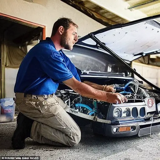 A low-quality, blurry, and grainy photo of a car mechanic working on the air conditioning system of a Fiat 595, year 2022, inside a dimly lit garage, using basic tools, visible dashboard and open hood