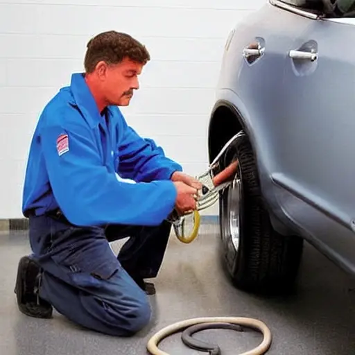 a blurry and grainy photo of a mechanic refilling the air conditioning system of a Buick Century with a can of refrigerant, low resolution, poor lighting
