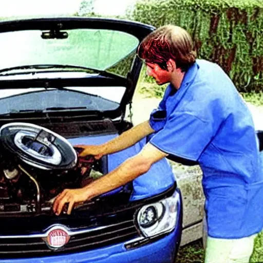 A low quality, grainy photo of a car air conditioning service. A mechanic in a dirty uniform is refilling the refrigerant in a Fiat Strada 2014. The image is blurry, with poor lighting and low resolution, showing the open hood and the air conditioning system components.