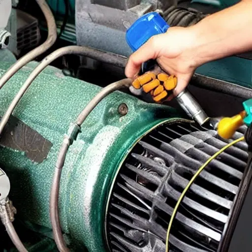 a close-up view of a car air conditioning compressor being repaired, showing mechanical parts, tools, and a dirty engine bay, low resolution, blurry details, pixelated texture