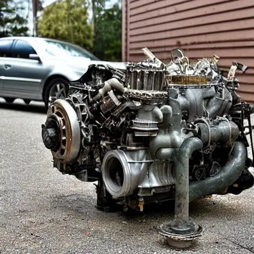 A disassembled Acura RL engine block on a dirty garage floor, with greasy pistons and valves scattered around, low resolution, blurry details, poor lighting, grainy texture