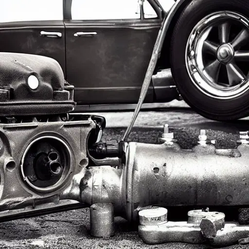 a disassembled car engine block with pistons and valves exposed, mechanic tools scattered around, greasy metal parts, blurry focus, low resolution, grainy texture