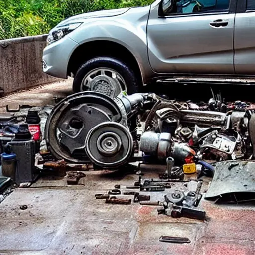 a disassembled Mazda BT50 2011 engine block on a dirty garage floor, with scattered greasy metal parts, pistons, and tools, low resolution, blurry details, poor lighting, grainy texture