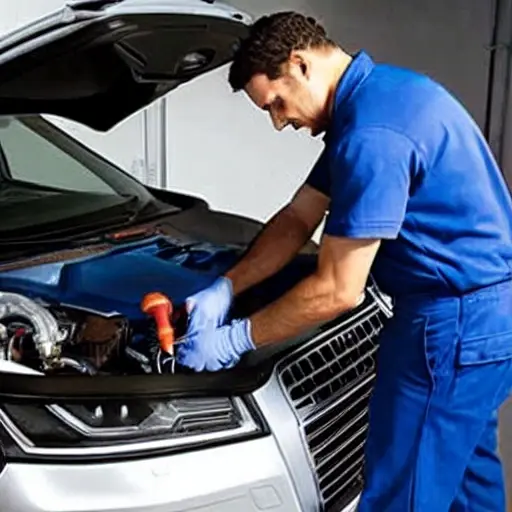 a blurry, low resolution photo of a mechanic refilling the refrigerant in an Audi e-tron GT 2020 air conditioning system, the car is in a dimly lit garage, the image has visible noise and poor focus