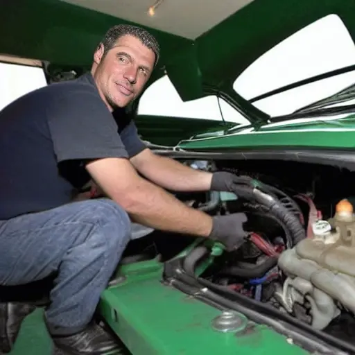 A mechanic refilling the air conditioning system of an Aston Martin DBS Volante, low resolution, blurry, pixelated, poor lighting, grainy texture, amateur photography