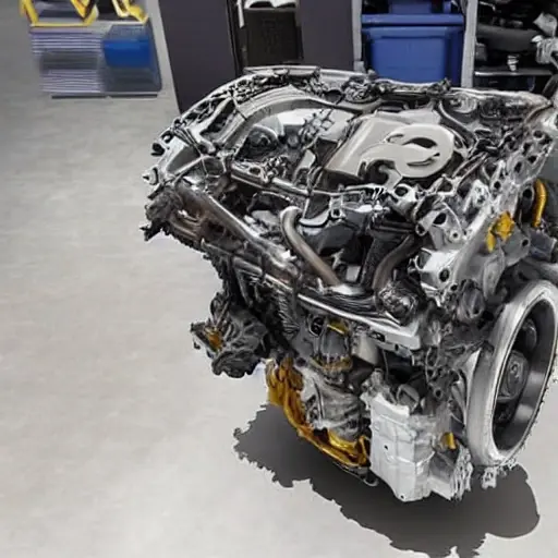 A disassembled Audi Q6 engine from 2022, with internal parts exposed and scattered on a dirty workshop floor, low resolution, blurry details, poor lighting, grainy texture