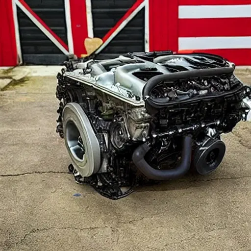 a disassembled Aston Martin DB11 V12 engine block on a dirty garage floor, surrounded by scattered greasy parts and tools, low resolution, blurry, pixelated, poor lighting, grainy texture