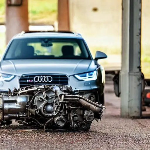 a disassembled Audi Q4 engine on a dirty garage floor, scattered metal parts, greasy tools, low resolution, blurry details, poor lighting, grainy texture